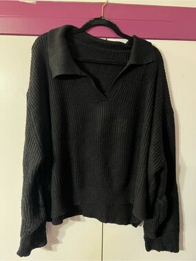 Classic Black Ribbed Collared V-Neck Sweater